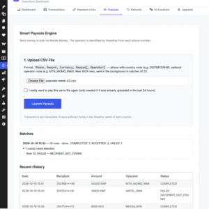 Fosia Pay bulk payout screen with a CSV file ready to send and the recipients, amounts and networks of the last batch