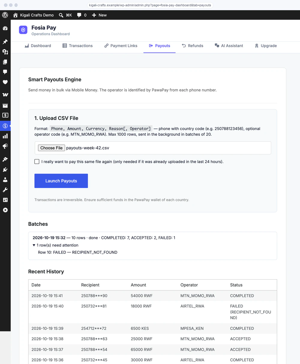 Fosia Pay bulk payout screen with a CSV file ready to send and the recipients, amounts and networks of the last batch