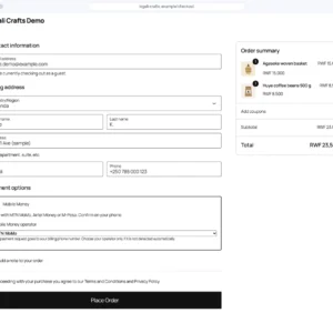 WooCommerce checkout page with Fosia Pay Mobile Money selected and the phone number field filled in