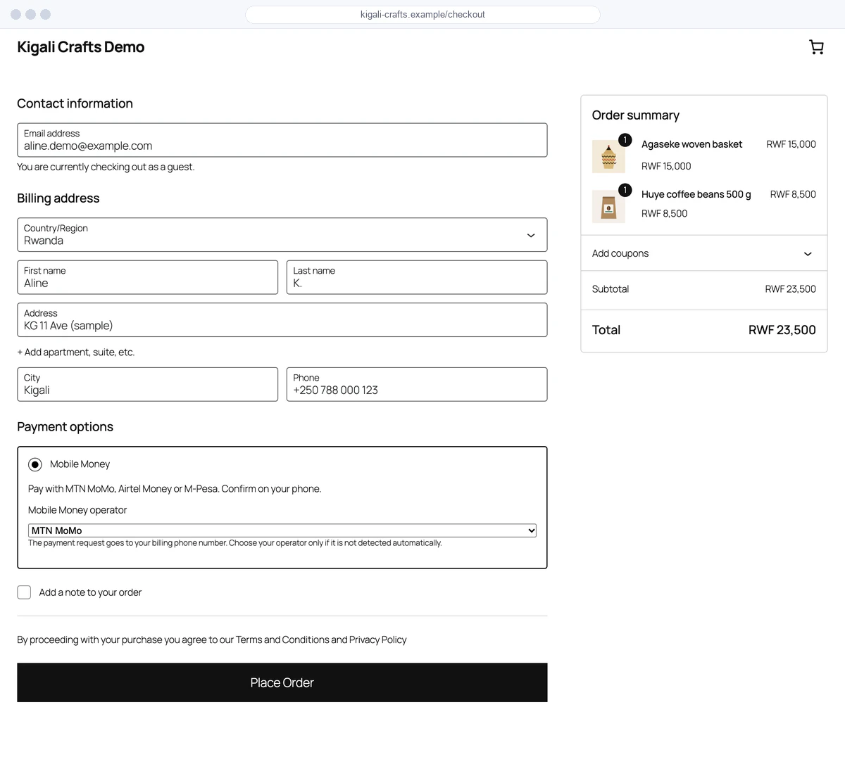 WooCommerce checkout page with Fosia Pay Mobile Money selected and the phone number field filled in