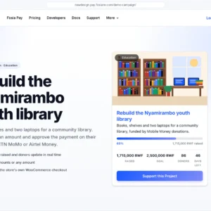 Crowdfunding campaign page showing the goal, amount raised, progress bar and a Mobile Money donate button