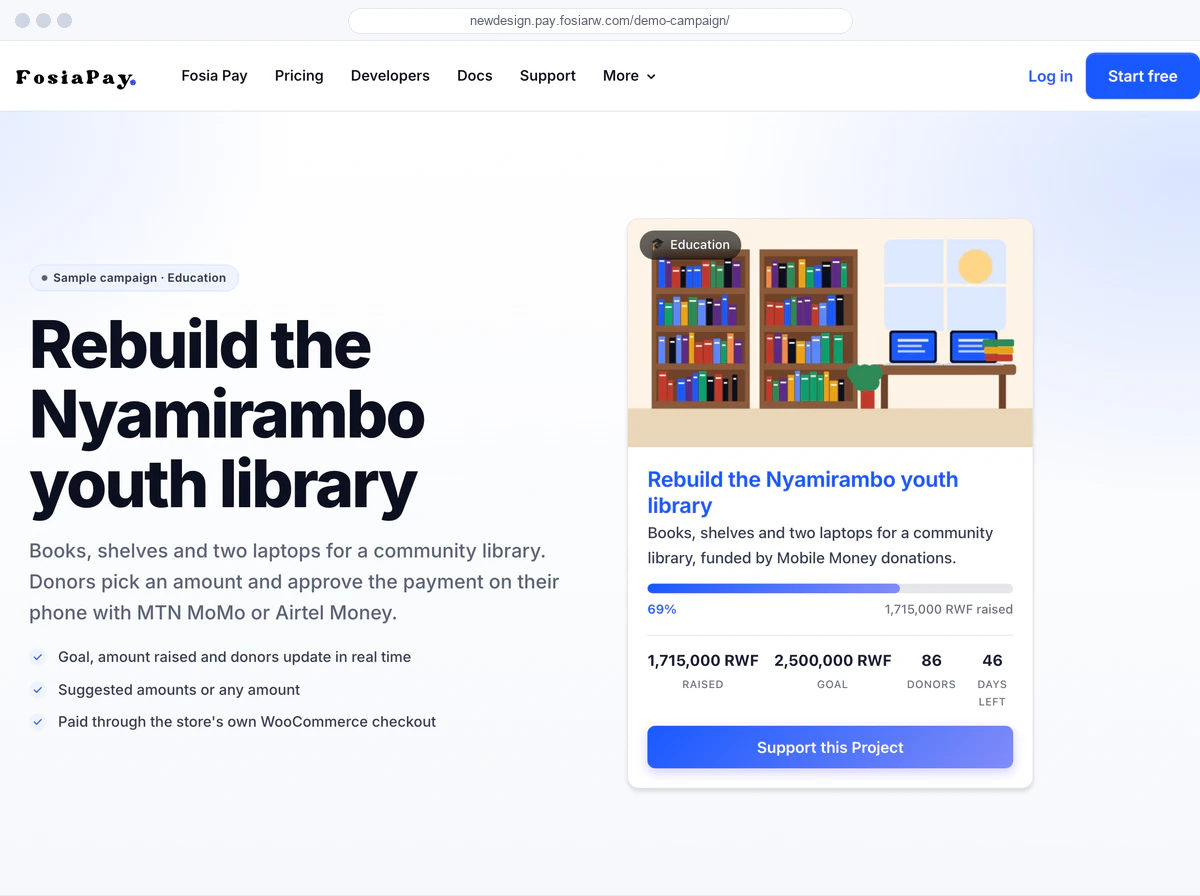 Crowdfunding campaign page showing the goal, amount raised, progress bar and a Mobile Money donate button