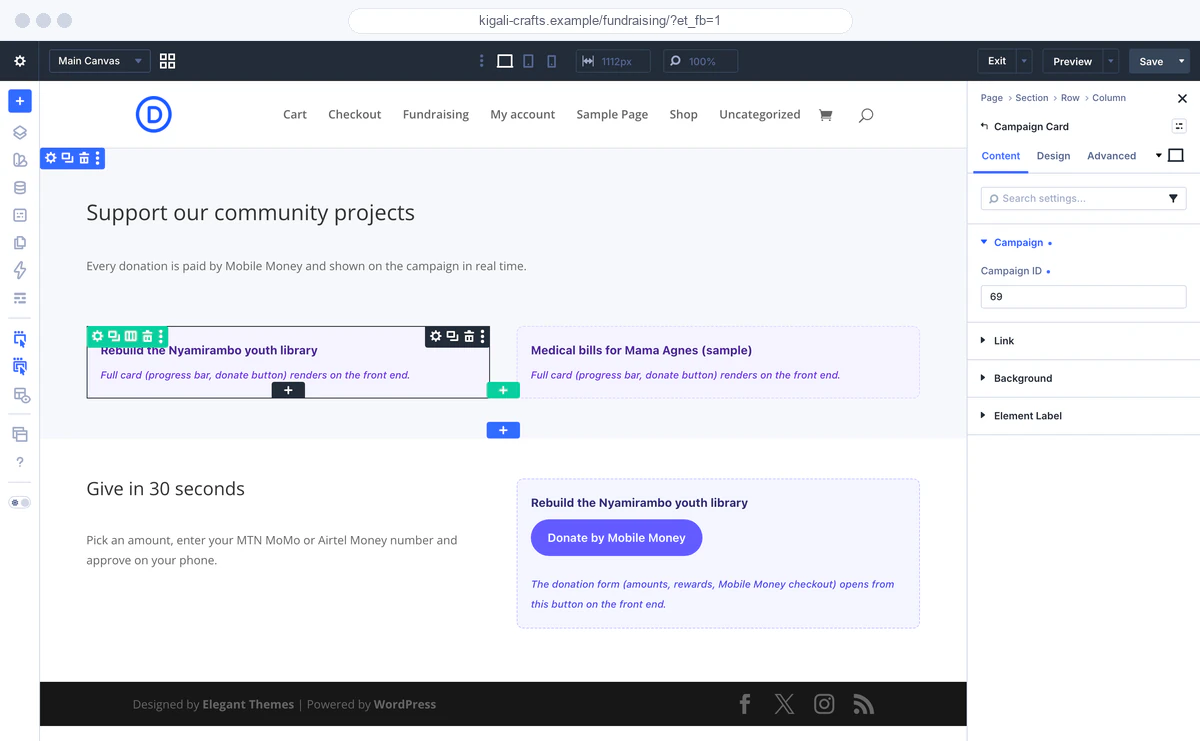 Divi 5 Visual Builder editing a page that contains the Fosia Campaign Card module