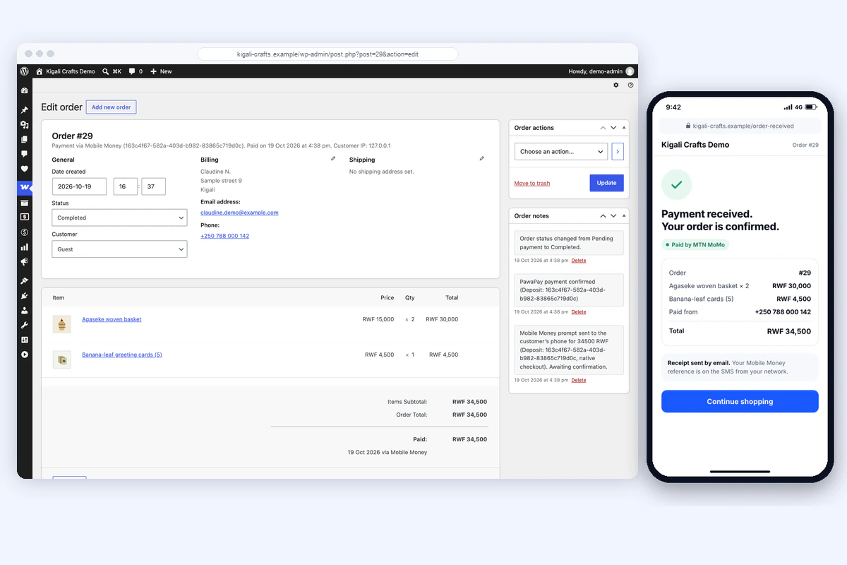 WooCommerce order details with the Fosia Pay Mobile Money payment marked as confirmed, next to the customer's order confirmation on a phone