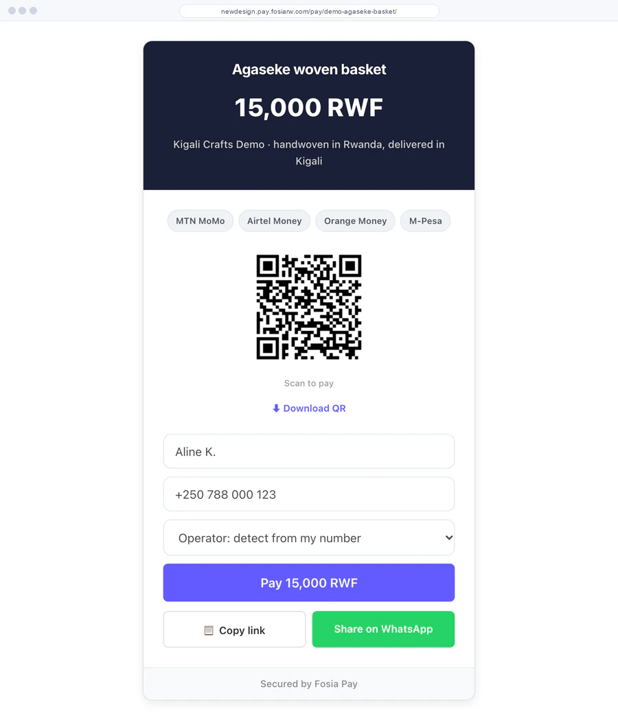Fosia Pay payment link page showing the amount, a Pay button and a QR code