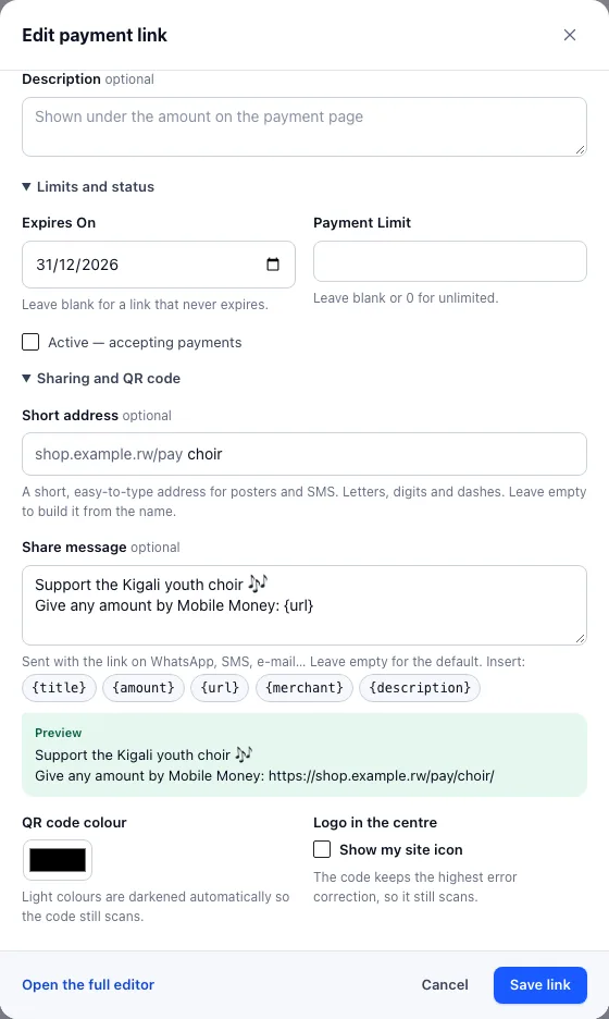 Edit payment link dialog with a short address, an editable share message with a live preview, the QR code colour and the option to show the site icon in the centre