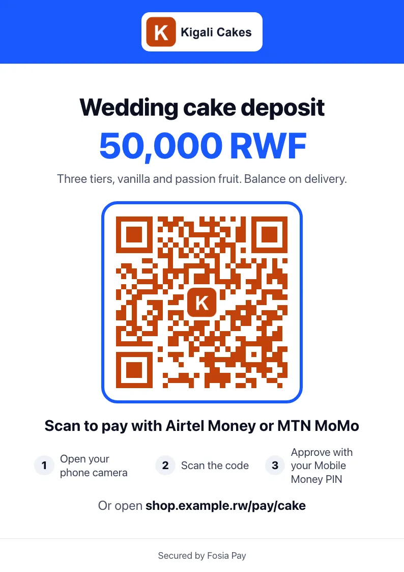 A4 poster of a payment link with the shop logo, the title, the amount in Rwandan francs, a QR code with a logo in the centre, the accepted networks and three steps to pay