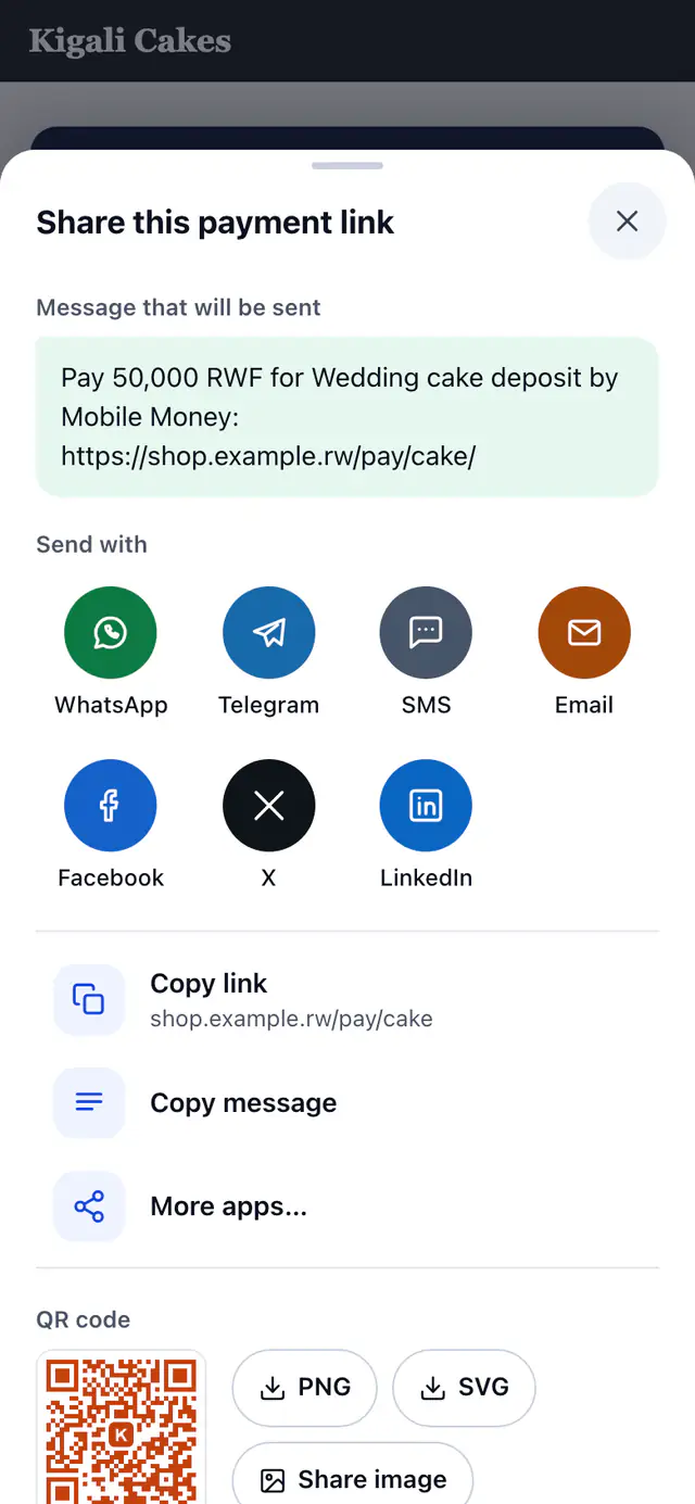 Phone showing the Fosia Pay share sheet for a payment link: the message that will be sent, WhatsApp, Telegram, SMS, Email, Facebook, X, LinkedIn, Copy link and the QR code