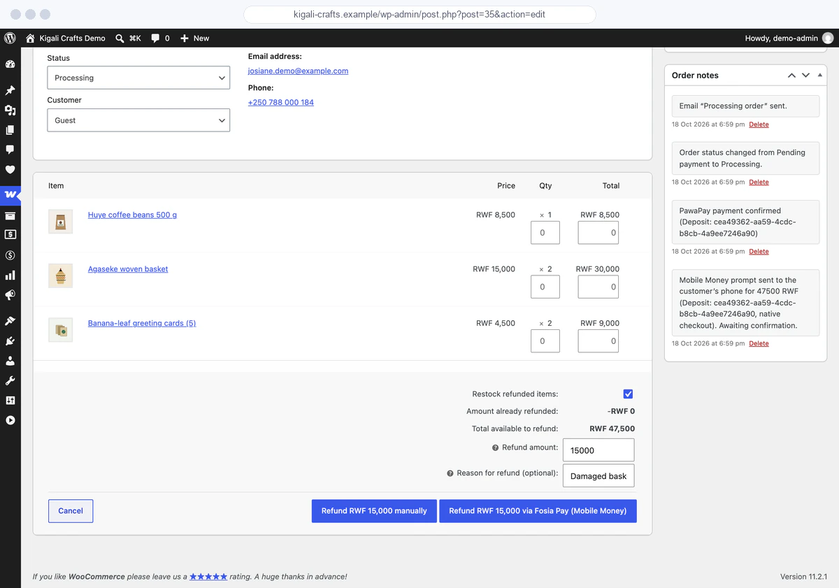 WooCommerce refund panel where a partial Mobile Money refund is being issued