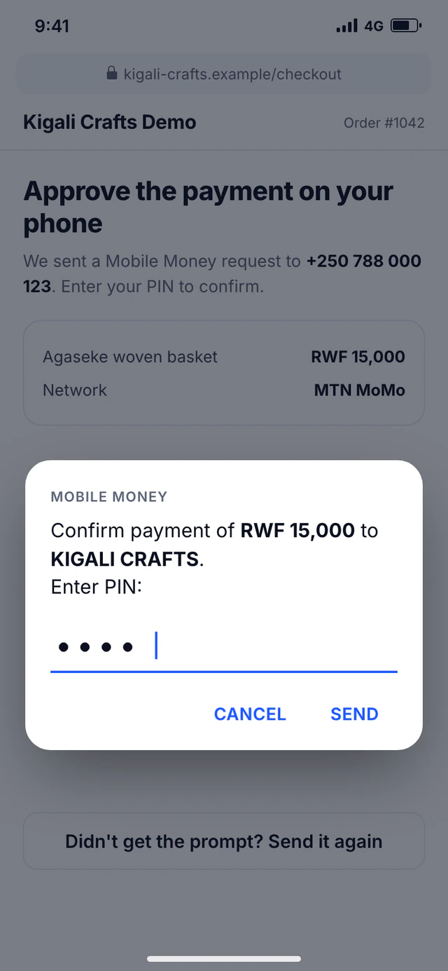 Phone screen showing the Mobile Money USSD prompt to confirm a store payment